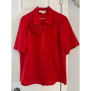 Judy‎ Bond Blouse Women's 14 Red Fan Bow Secretary Geek Colonial Retro Vintage